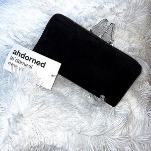 Ahdorned New York Faux Suede Triple Compartment Zip Closure Wallet Black